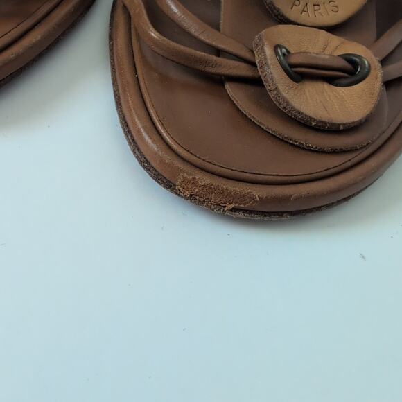 Auth Chanel Brown Leather Strappy Slides Heels Mules Sandals Spellout Size 37 - Picture 3 of 12